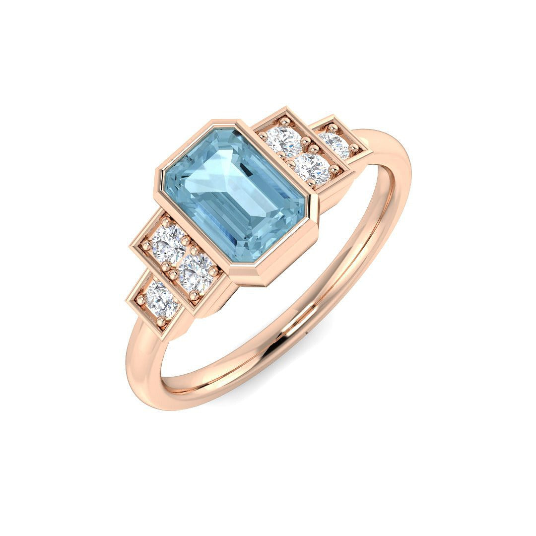 Emerald Cut Aquamarine Ring with Diamond Pave Side Accents in 10K/14K gold and platinum with certified lab-grown or natural diamonds