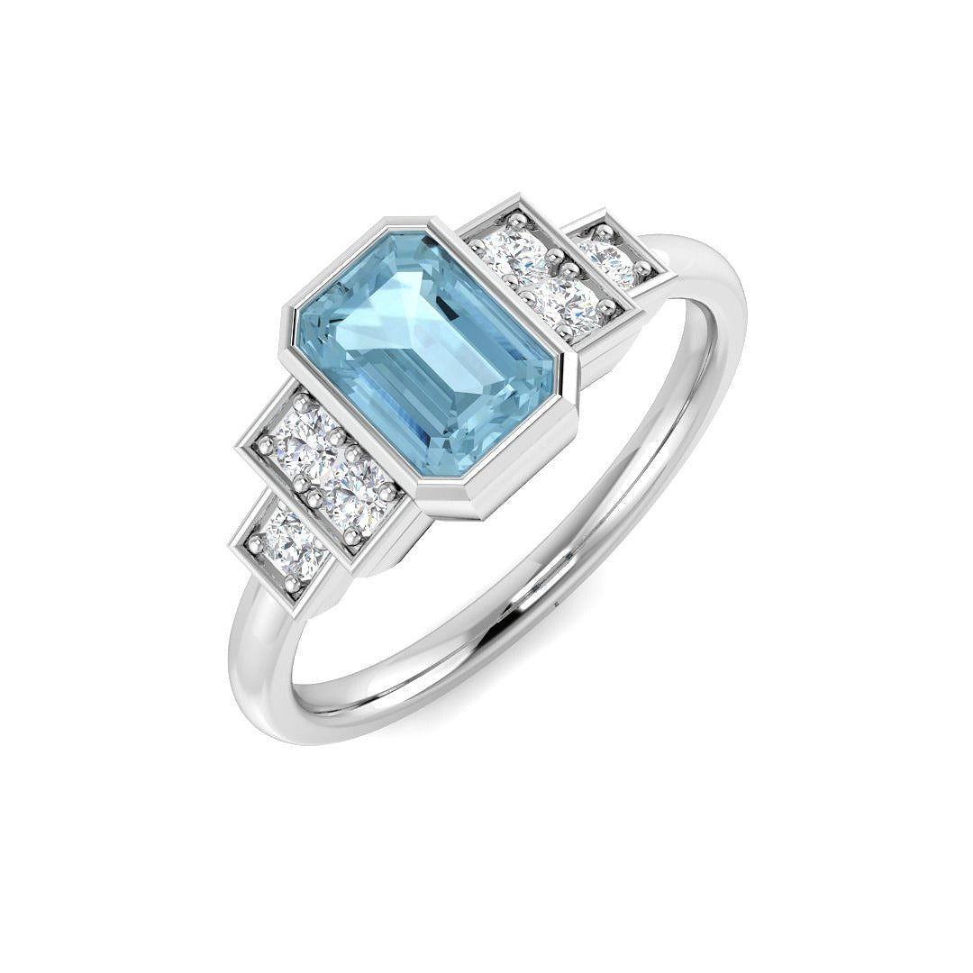 Emerald Cut Aquamarine Ring with Diamond Pave Side Accents in 10K/14K gold and platinum with certified lab-grown or natural diamonds
