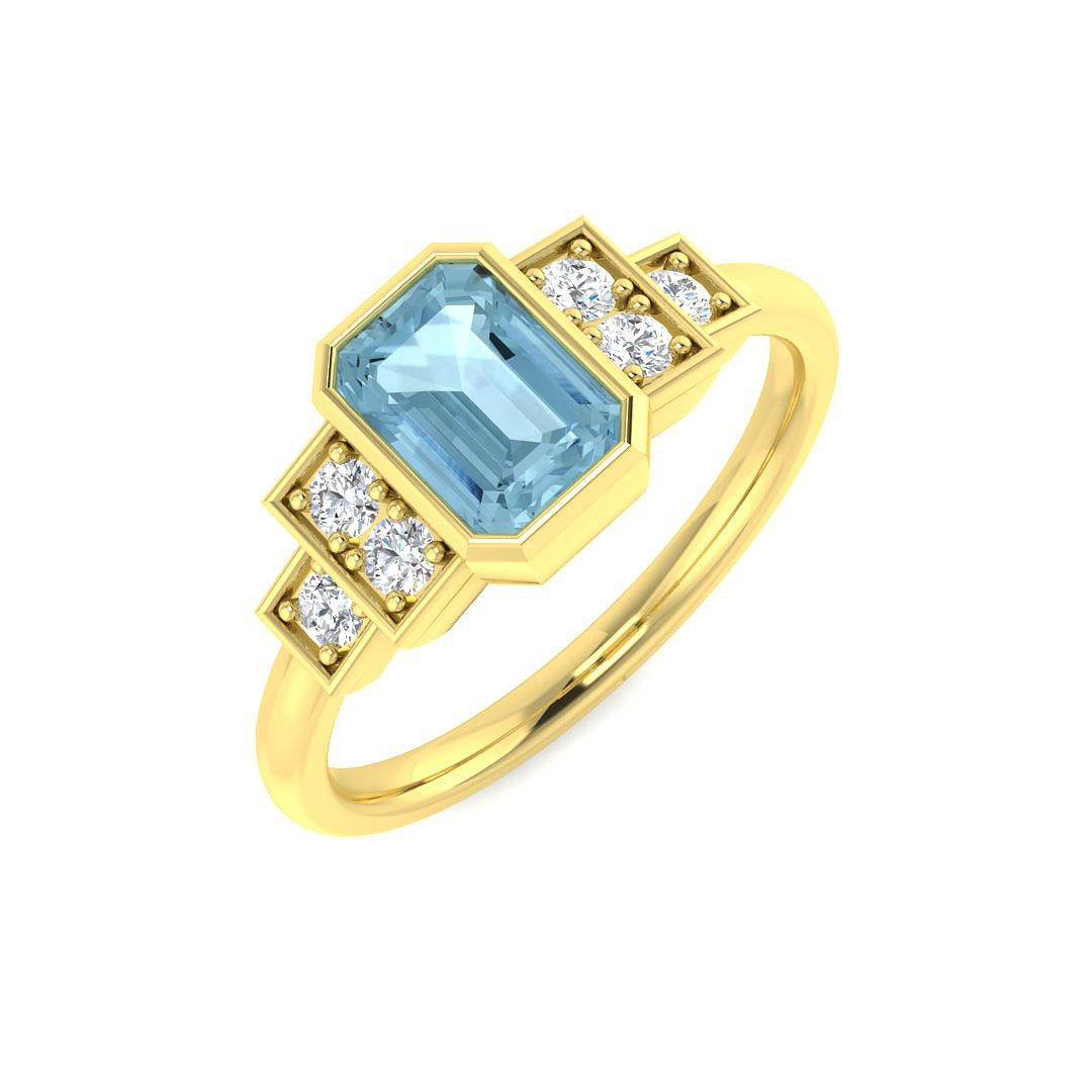 Emerald Cut Aquamarine Ring with Diamond Pave Side Accents in 10K/14K gold and platinum with certified lab-grown or natural diamonds