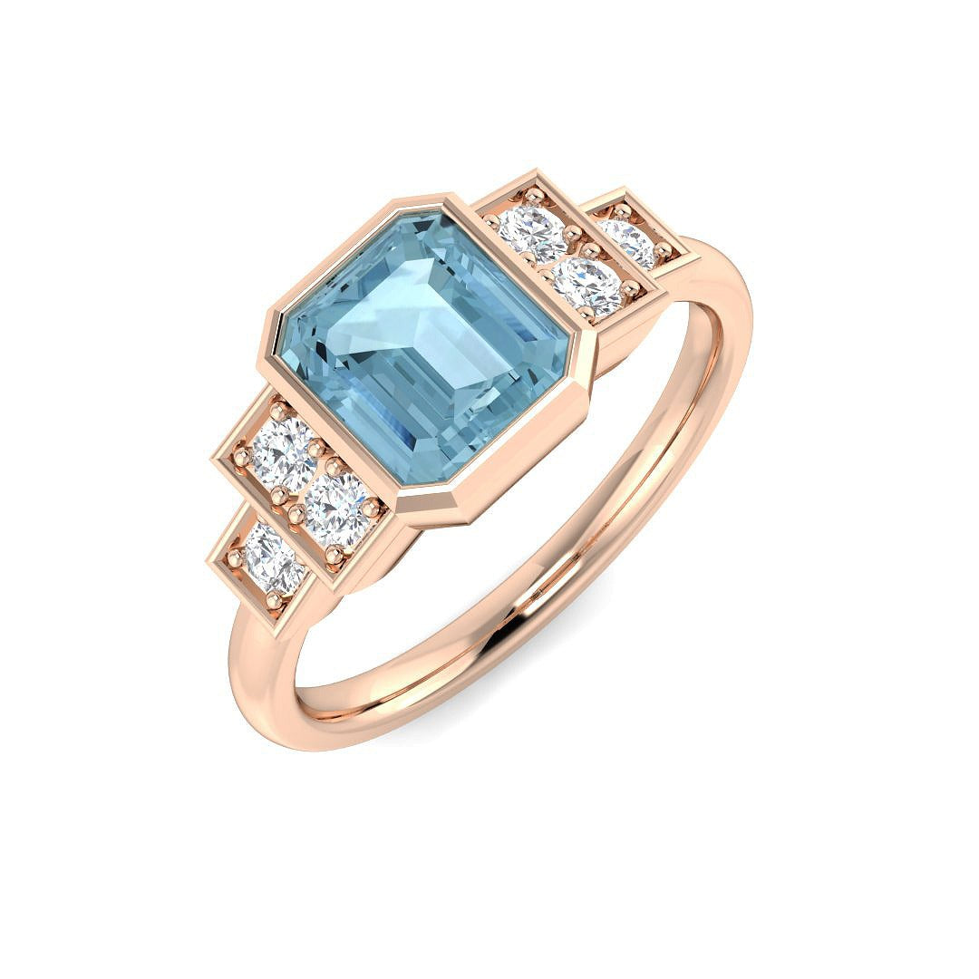 Emerald Cut Aquamarine Ring with Round Pave Diamonds in 10K/14K gold and platinum with certified lab-grown or natural diamonds