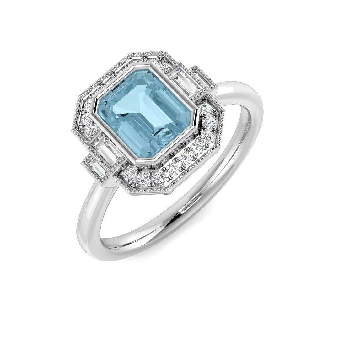 Emerald Cut Aquamarine Ring with Natural Diamonds in 10K/14K gold and platinum with certified lab-grown or natural diamonds