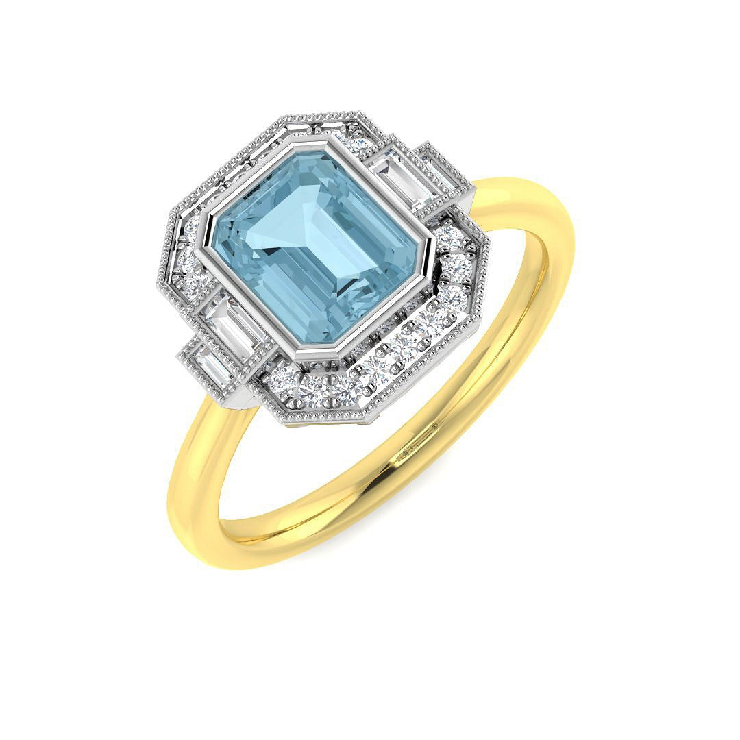Emerald Cut Aquamarine Ring with Natural Diamonds in 10K/14K gold and platinum with certified lab-grown or natural diamonds