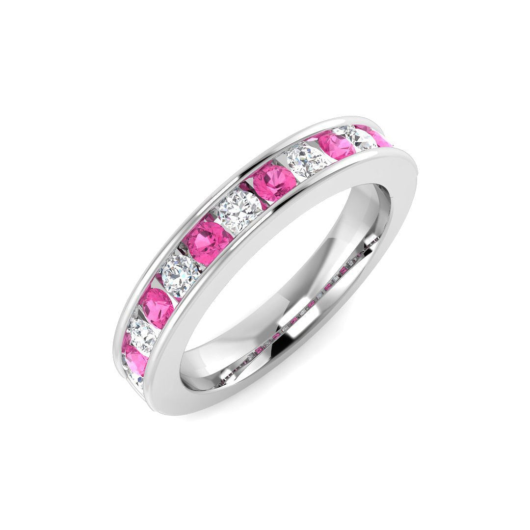 Pink Sapphire Half Eternity Ring with Round Diamond Channel Setting in 10K/14K gold and platinum with certified lab-grown or natural diamonds
