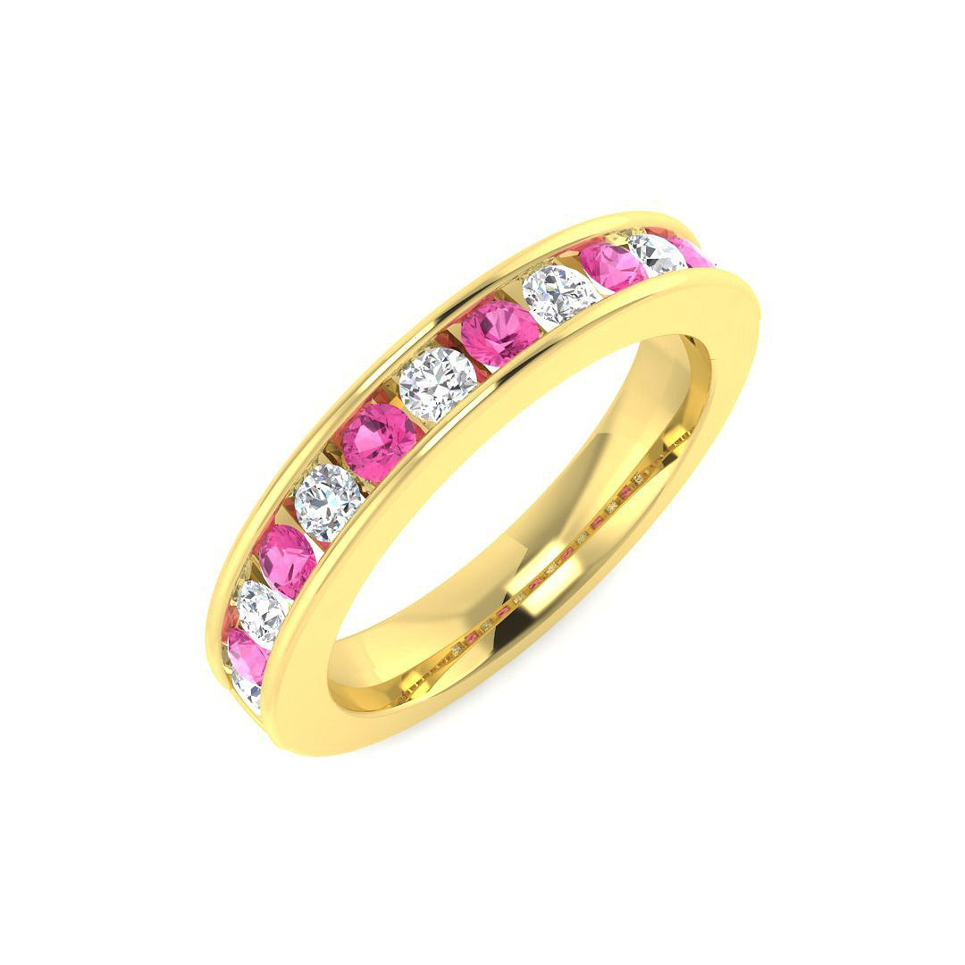 Pink Sapphire Half Eternity Ring with Round Diamond Channel Setting in 10K/14K gold and platinum with certified lab-grown or natural diamonds