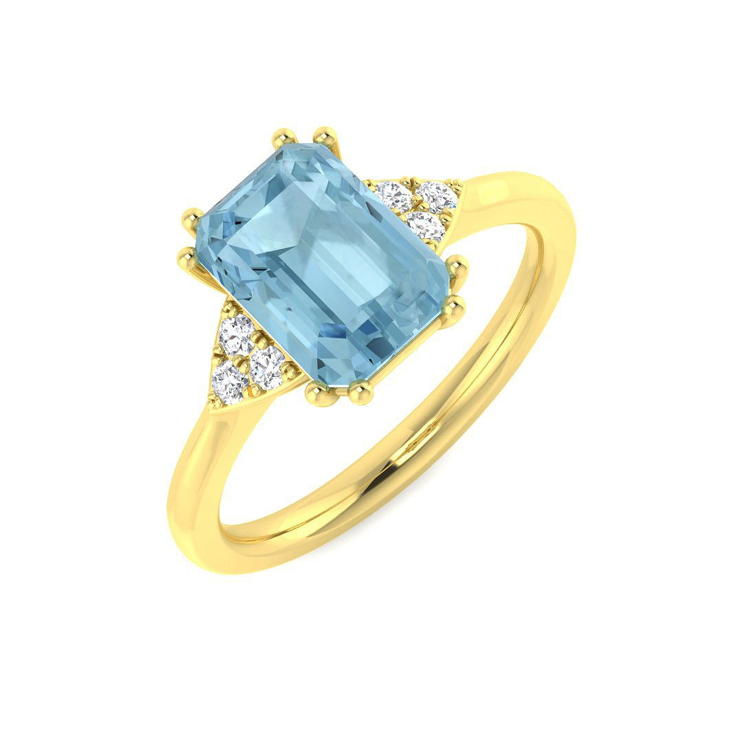 Emerald Aquamarine Diamond Ring with Round Side Accents in 10K/14K gold and platinum with certified lab-grown or natural diamonds