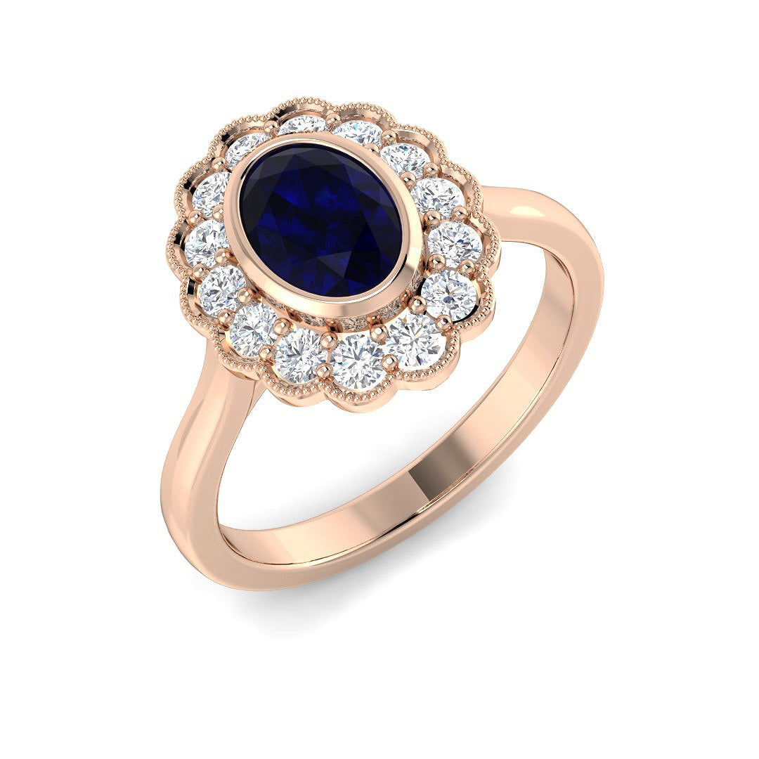 Vintage Oval Blue Sapphire Milgrain Halo Diamond Engagement Ring in 10K/14K gold and platinum with certified lab-grown or natural diamonds