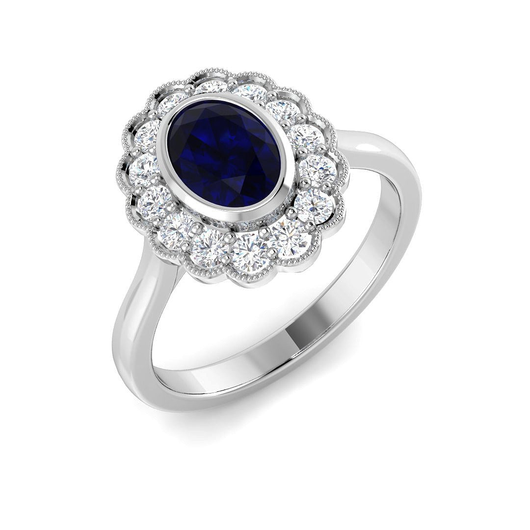 Vintage Oval Blue Sapphire Milgrain Halo Diamond Engagement Ring in 10K/14K gold and platinum with certified lab-grown or natural diamonds