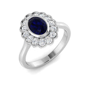 Vintage Oval Blue Sapphire Milgrain Halo Diamond Engagement Ring in 10K/14K gold and platinum with certified lab-grown or natural diamonds