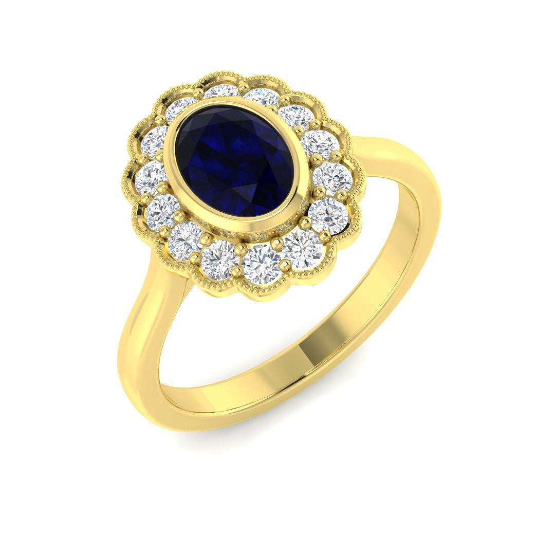 Vintage Oval Blue Sapphire Milgrain Halo Diamond Engagement Ring in 10K/14K gold and platinum with certified lab-grown or natural diamonds