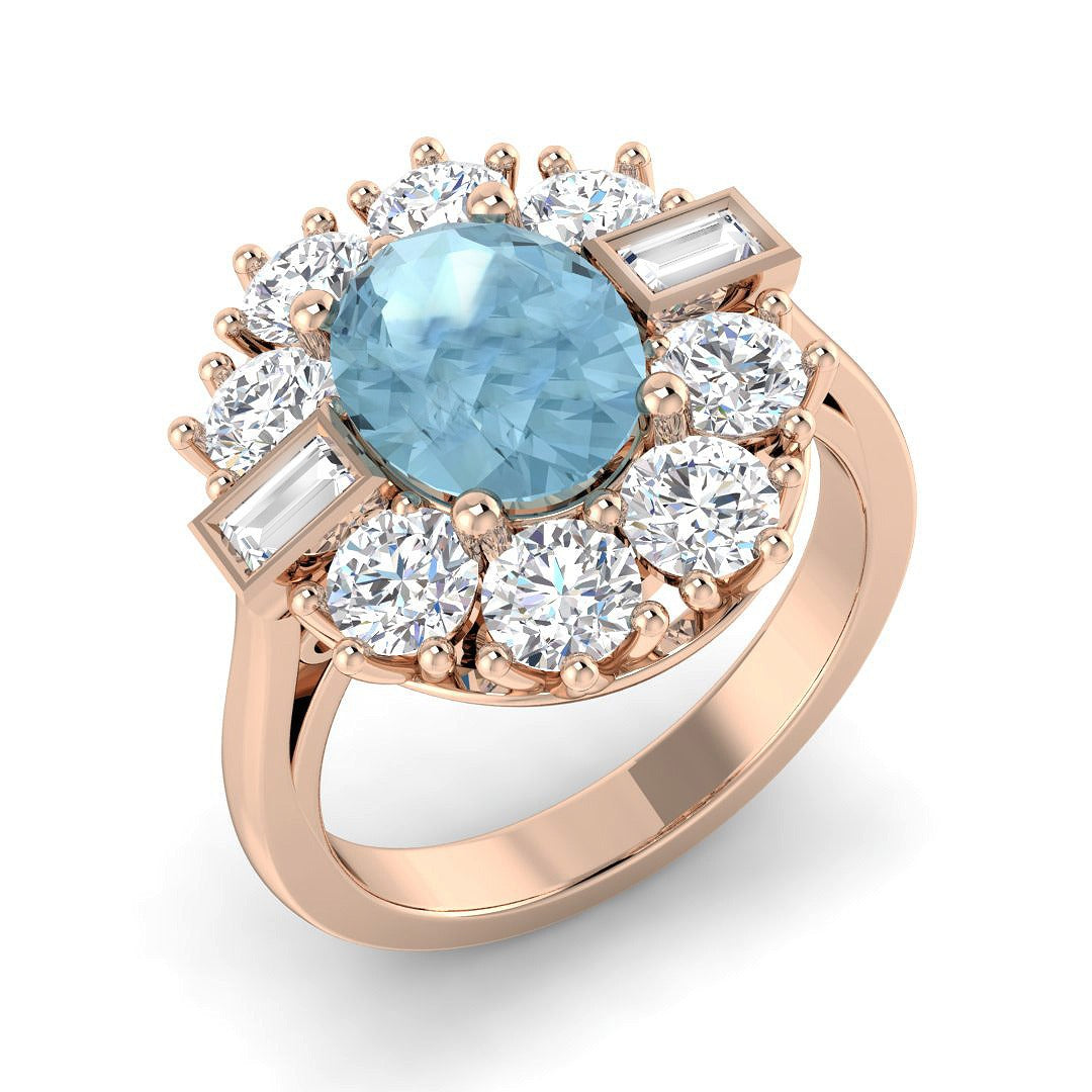 Oval Cut Aquamarine Ring with Diamond Side Accents in 10K/14K gold and platinum with certified lab-grown or natural diamonds