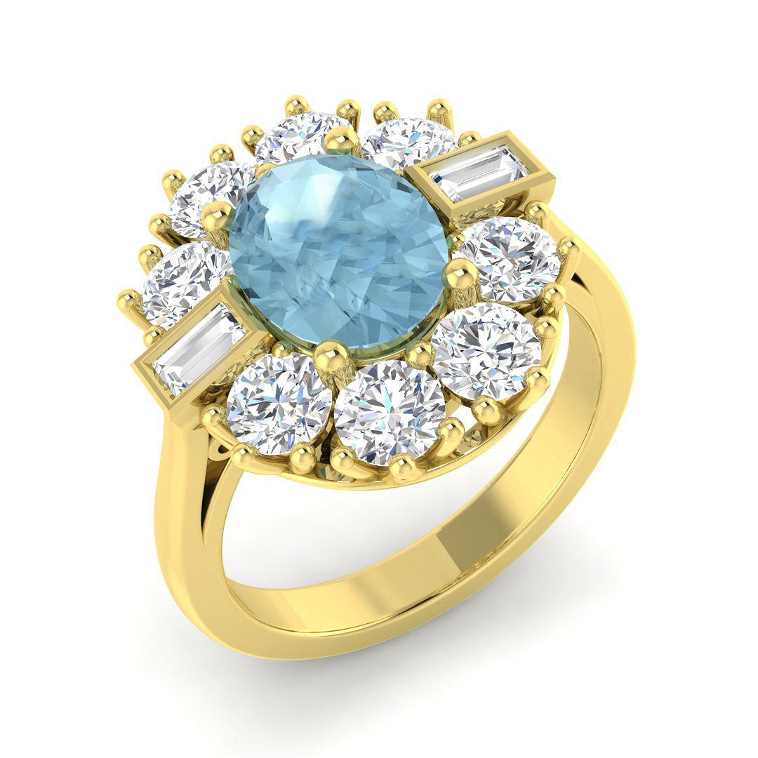 Oval Cut Aquamarine Ring with Diamond Side Accents in 10K/14K gold and platinum with certified lab-grown or natural diamonds