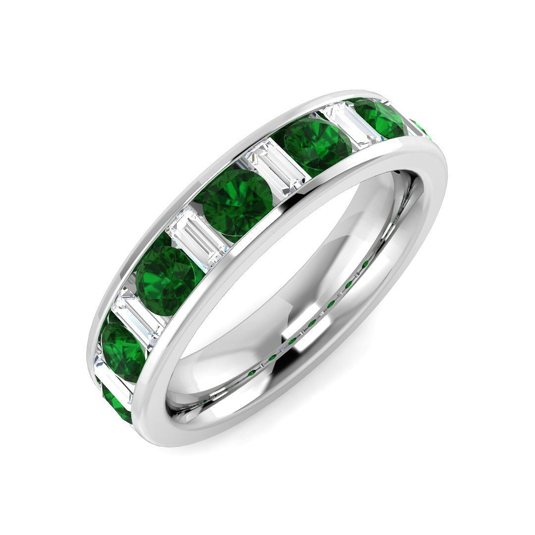 Round Cut Emerald Half Eternity Ring with Baguette Diamond Band in 10K/14K gold and platinum with certified lab-grown or natural diamonds