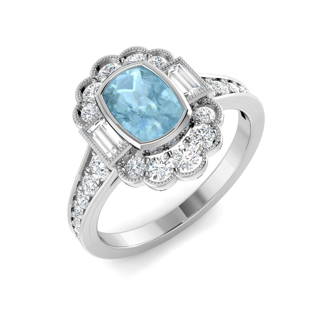 Cushion Cut Aquamarine Ring with Natural Diamonds - Vintage Ring in 10K/14K gold and platinum with certified lab-grown or natural diamonds