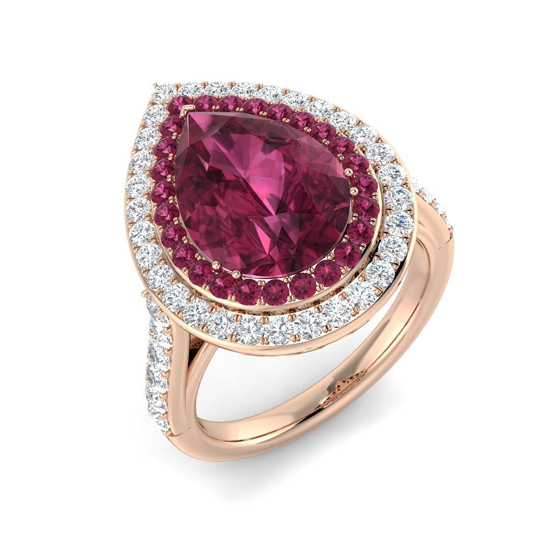 Pink Tourmaline Halo Ring Pear Cut with Diamond Pave in 10K/14K gold and platinum with certified lab-grown or natural diamonds