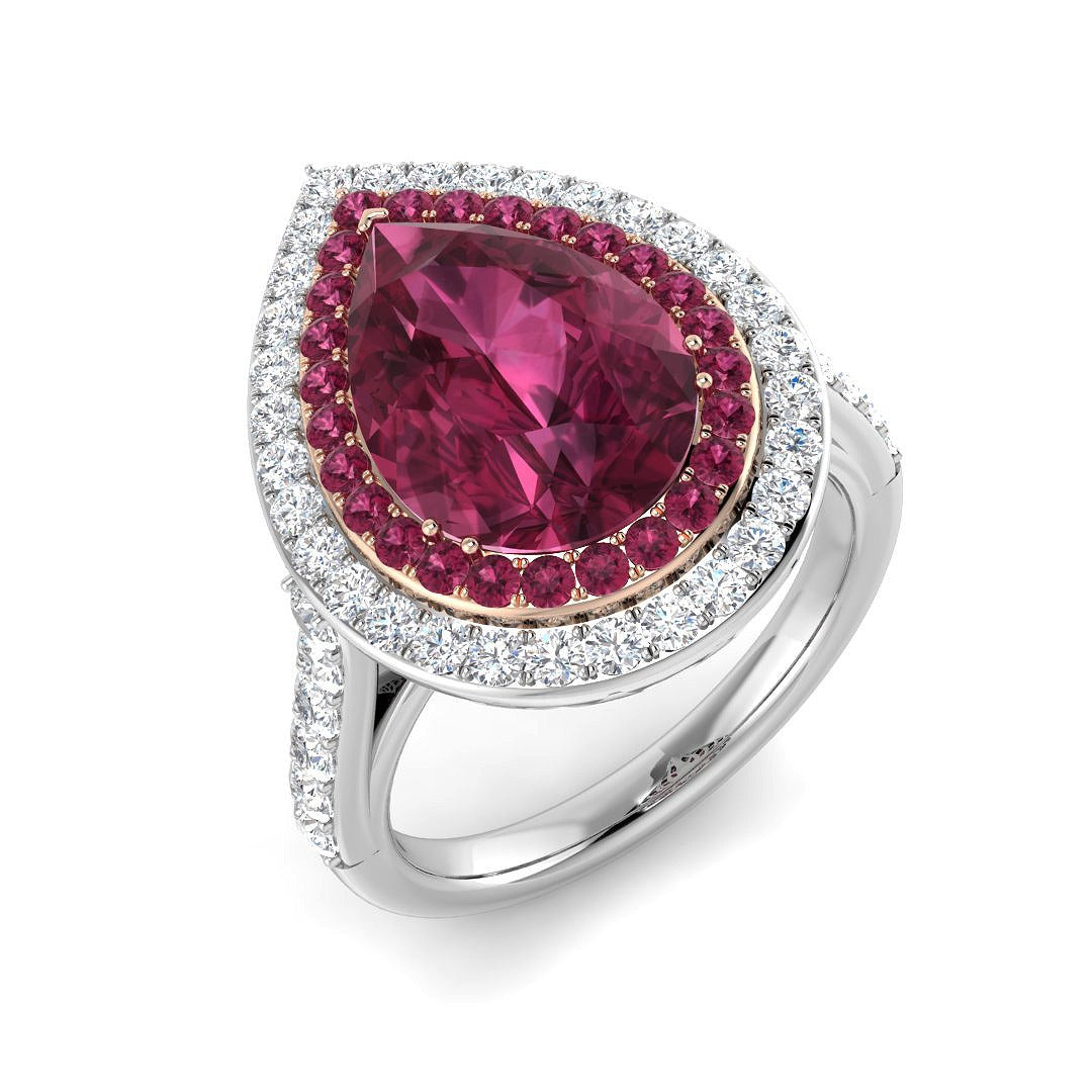 Pink Tourmaline Halo Ring Pear Cut with Diamond Pave in 10K/14K gold and platinum with certified lab-grown or natural diamonds