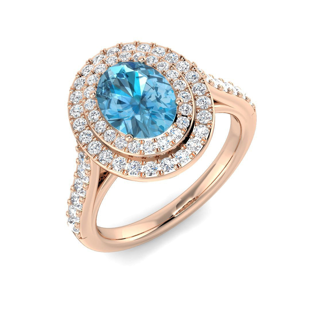 Blue Topaz Double Halo Ring with Round Pave Diamonds - UK Hallmarked in 10K/14K gold and platinum with certified lab-grown or natural diamonds