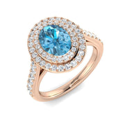 Blue Topaz Double Halo Ring with Round Pave Diamonds - UK Hallmarked in 10K/14K gold and platinum with certified lab-grown or natural diamonds
