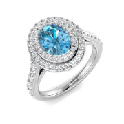 Blue Topaz Double Halo Ring with Round Pave Diamonds - UK Hallmarked in 10K/14K gold and platinum with certified lab-grown or natural diamonds