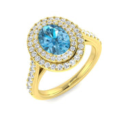 Blue Topaz Double Halo Ring with Round Pave Diamonds - UK Hallmarked in 10K/14K gold and platinum with certified lab-grown or natural diamonds