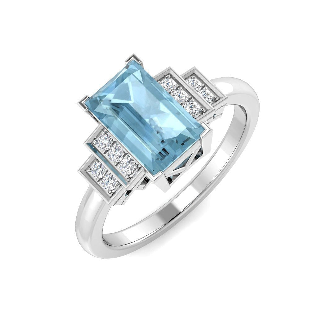 Baguette Cut Aquamarine Ring with Natural Round Pave Side Stones in 10K/14K gold and platinum with certified lab-grown or natural diamonds