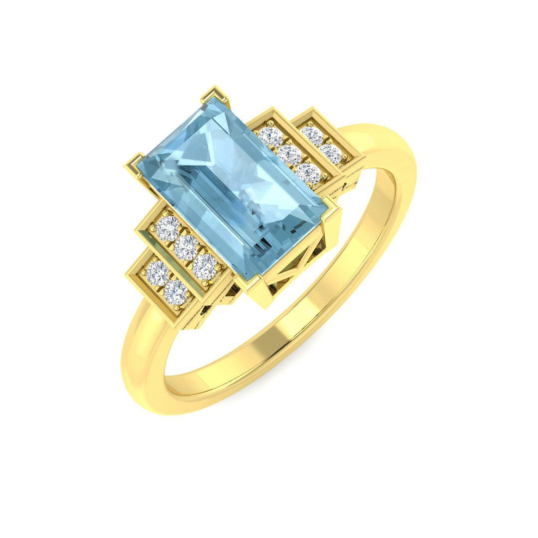 Baguette Cut Aquamarine Ring with Natural Round Pave Side Stones in 10K/14K gold and platinum with certified lab-grown or natural diamonds