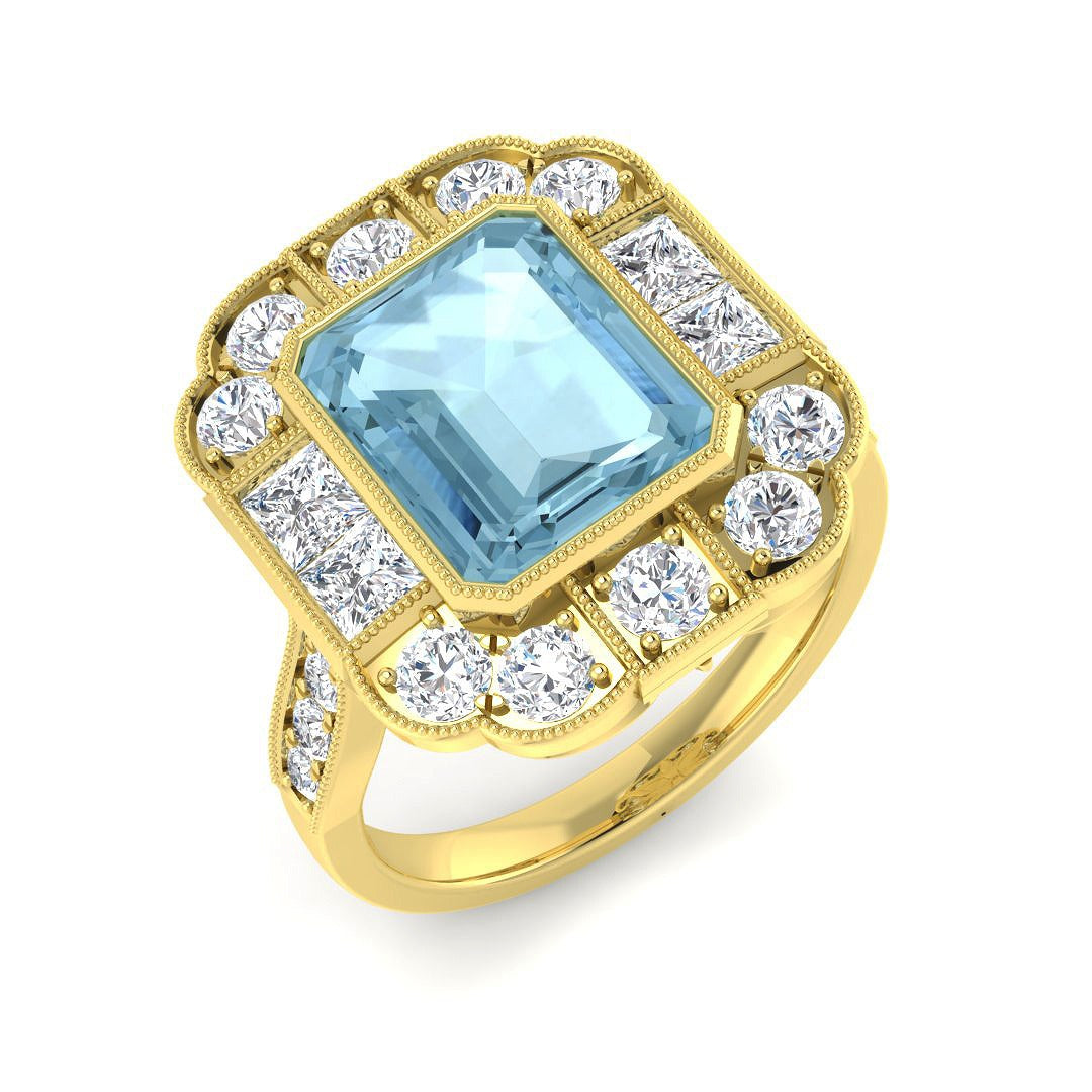 Emerald Cut Aquamarine Ring with Natural Diamonds in 10K/14K gold and platinum with certified lab-grown or natural diamonds