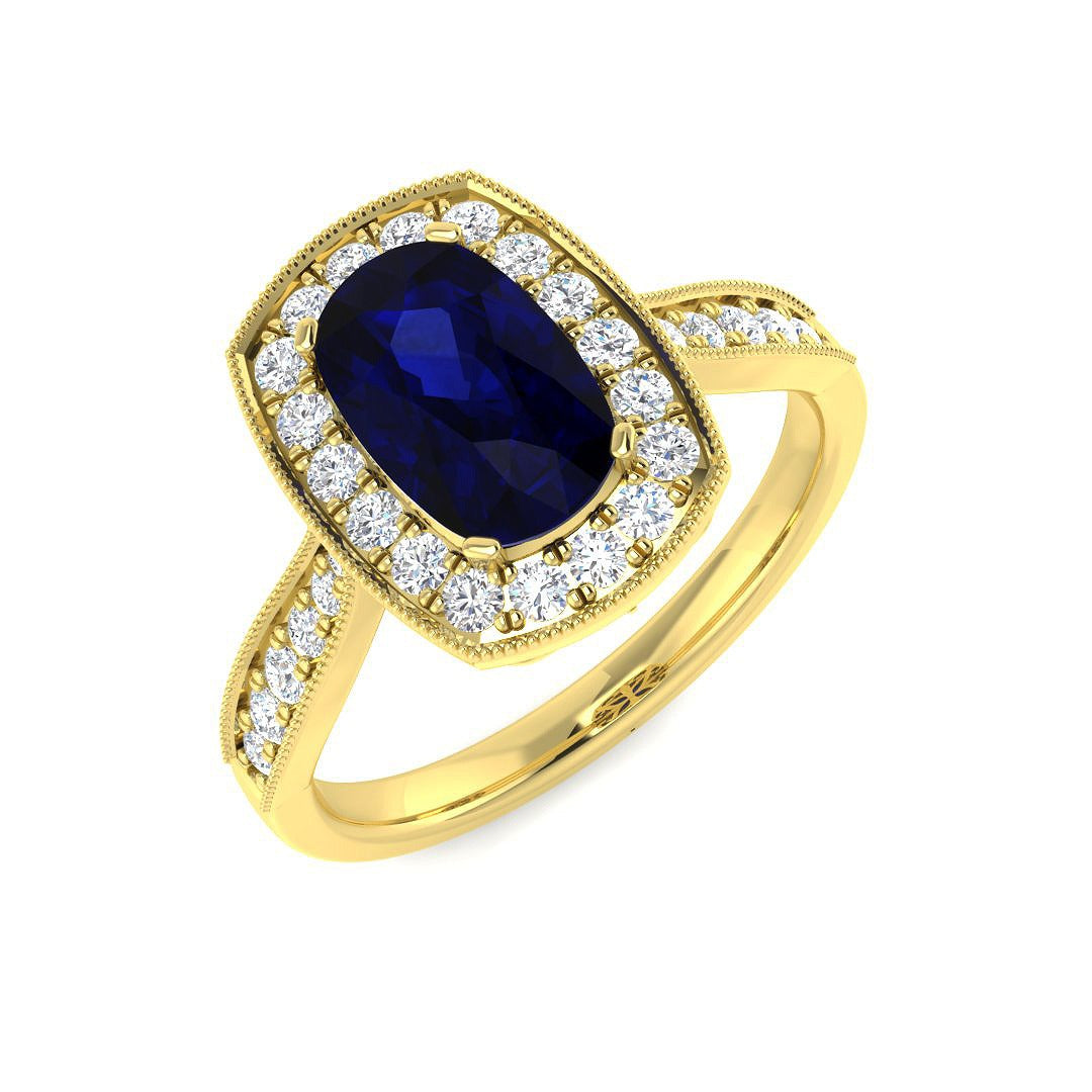 Vintage Oval Blue Sapphire Halo Diamond Engagement Ring - UK Made in 10K/14K gold and platinum with certified lab-grown or natural diamonds
