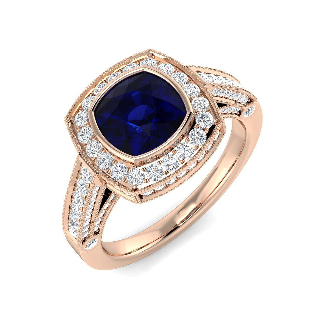 Vintage Cushion Cut Blue Sapphire Halo Diamond Engagement Ring - UK Made in 10K/14K gold and platinum with certified lab-grown or natural diamonds