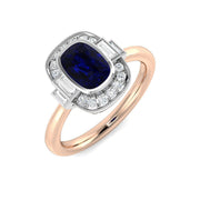 Vintage Bezel Oval Blue Sapphire Halo Diamond Engagement Ring - UK Made in 10K/14K gold and platinum with certified lab-grown or natural diamonds