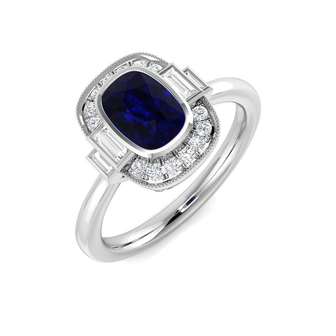 Vintage Bezel Oval Blue Sapphire Halo Diamond Engagement Ring - UK Made in 10K/14K gold and platinum with certified lab-grown or natural diamonds