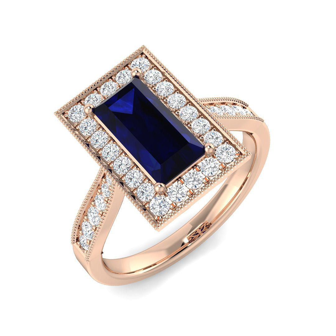 Vintage Emerald Cut Blue Sapphire Halo Diamond Engagement Ring - UK Made in 10K/14K gold and platinum with certified lab-grown or natural diamonds