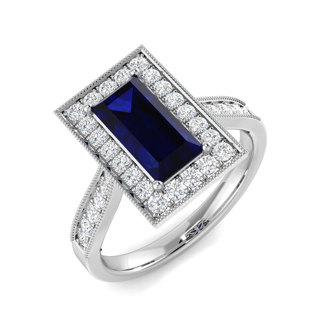 Vintage Emerald Cut Blue Sapphire Halo Diamond Engagement Ring - UK Made in 10K/14K gold and platinum with certified lab-grown or natural diamonds