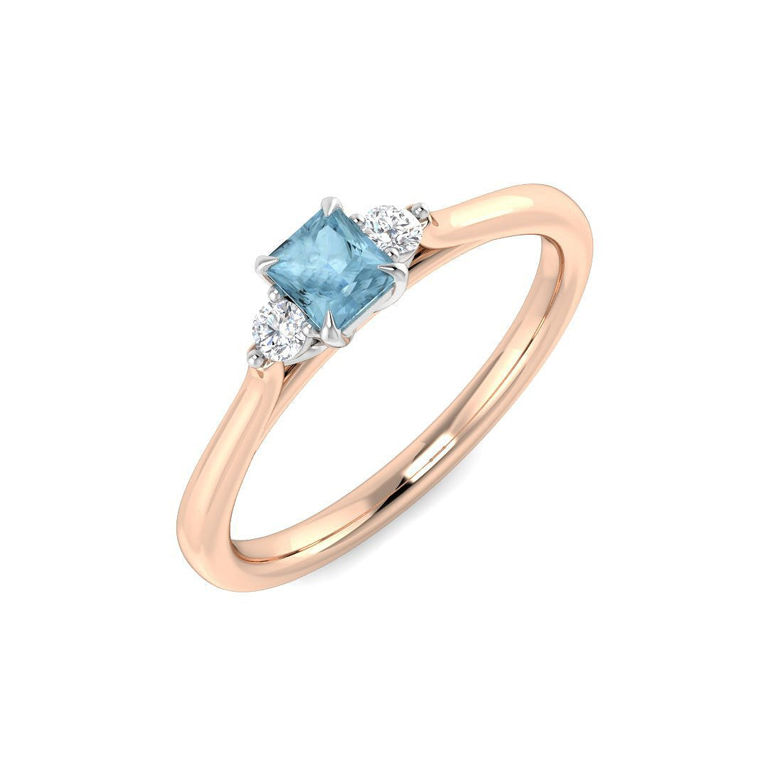 Princess Cut Aquamarine Ring with Side Lab Diamonds Trilogy Ring in 10K/14K gold and platinum with certified lab-grown or natural diamonds