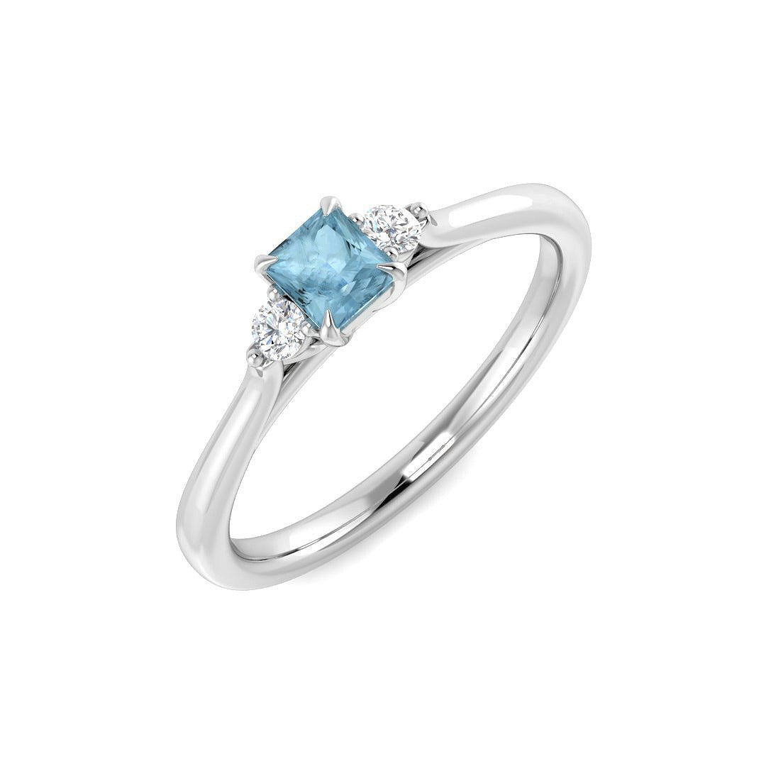Princess Cut Aquamarine Ring with Side Lab Diamonds Trilogy Ring in 10K/14K gold and platinum with certified lab-grown or natural diamonds