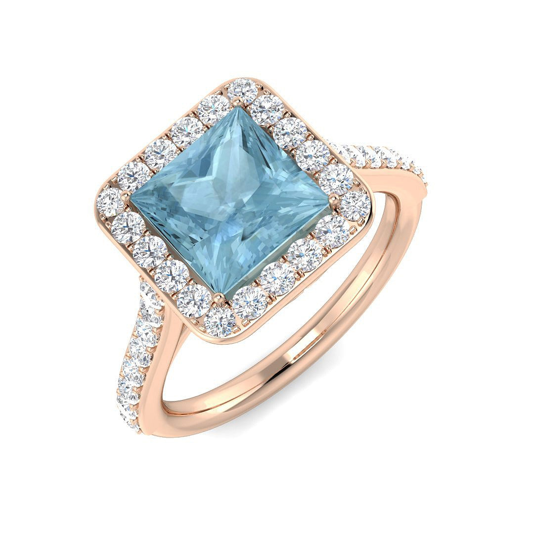 Princess Cut Aquamarine Ring with Round Pave Diamonds in 10K/14K gold and platinum with certified lab-grown or natural diamonds