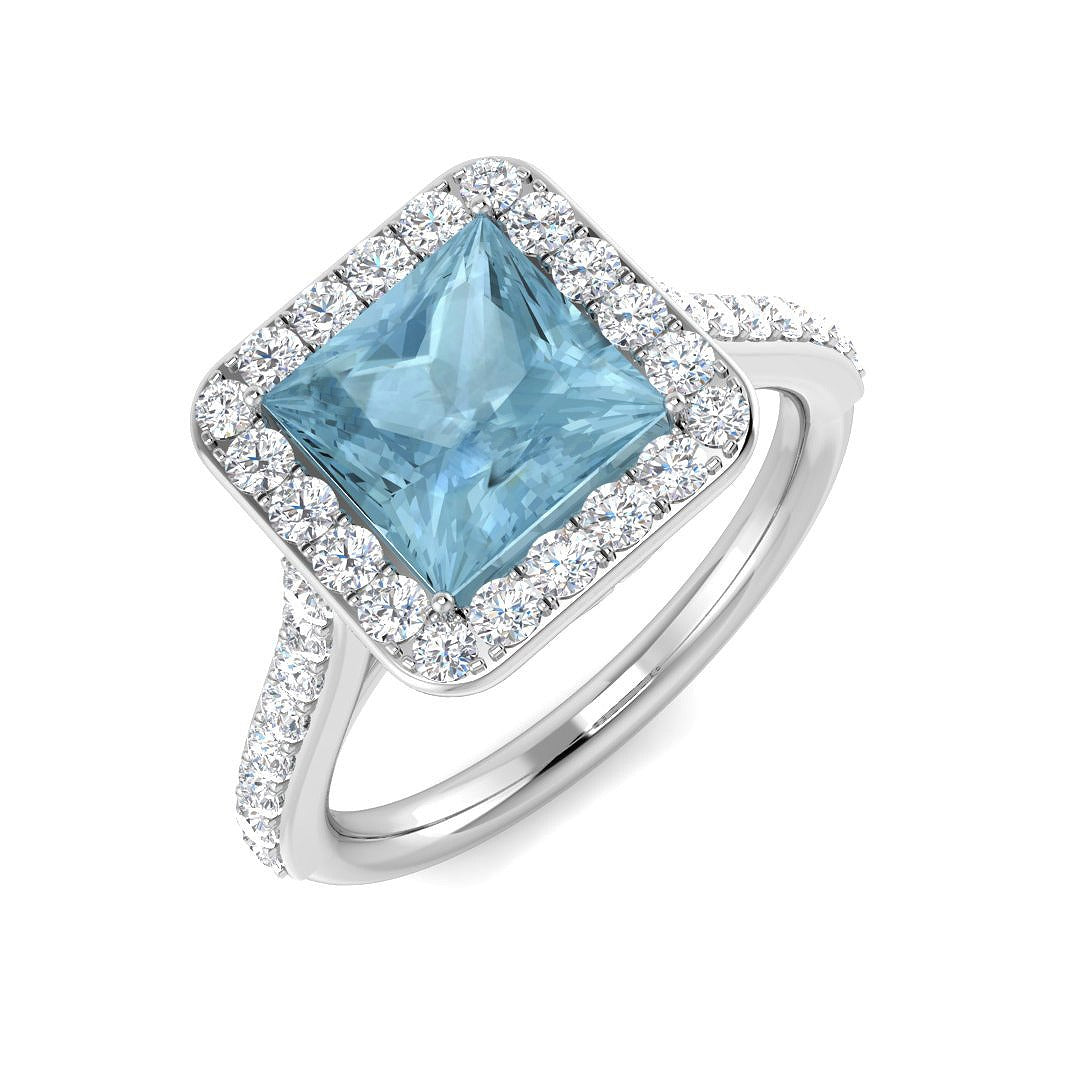 Princess Cut Aquamarine Ring with Round Pave Diamonds in 10K/14K gold and platinum with certified lab-grown or natural diamonds