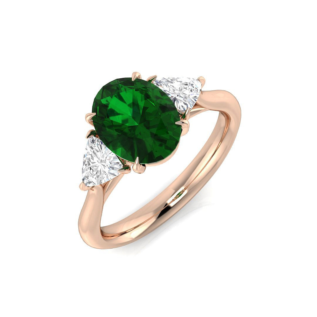 Oval Emerald Three Stone Ring with Diamond in 10K/14K gold and platinum with certified lab-grown or natural diamonds