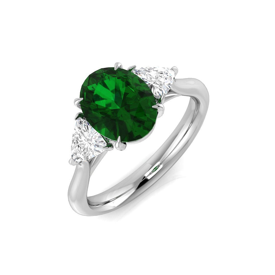 Oval Emerald Three Stone Ring with Diamond in 10K/14K gold and platinum with certified lab-grown or natural diamonds
