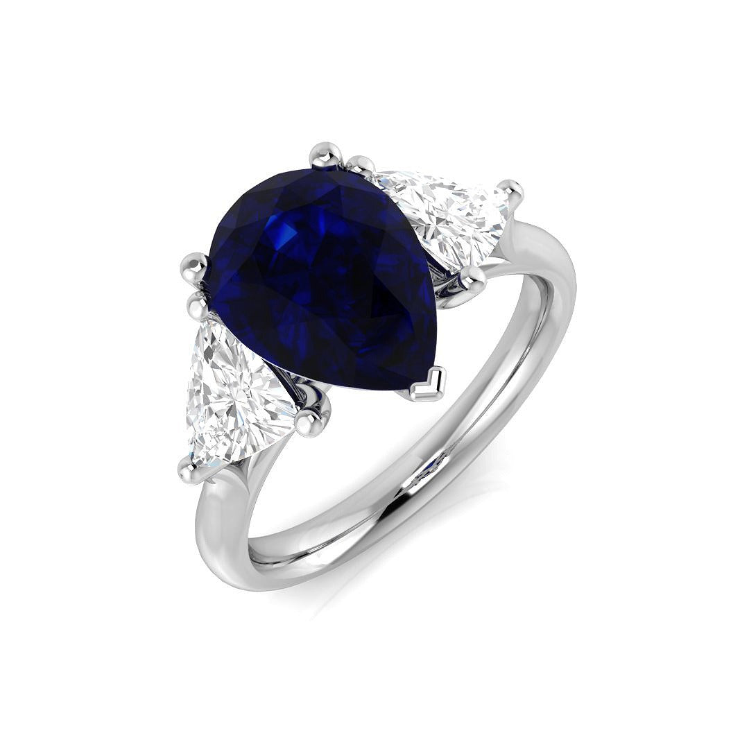 Pear Cut Blue Sapphire Ring with Trillion Cut Side Stone Trilogy Ring in 10K/14K gold and platinum with certified lab-grown or natural diamonds