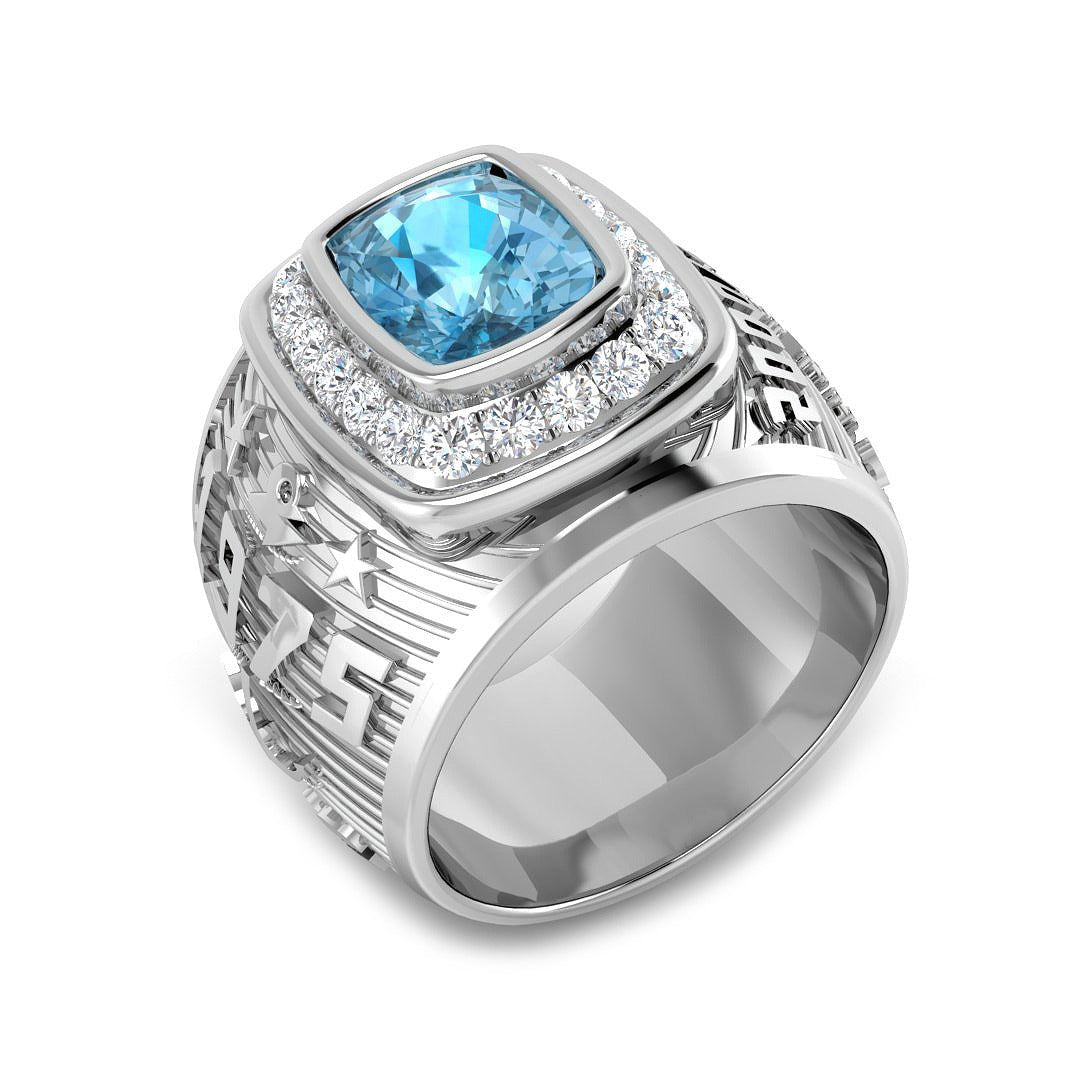 Cushion Cut Blue Topaz Ring with Pave Diamonds in 10K/14K gold and platinum with certified lab-grown or natural diamonds