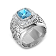 Cushion Cut Blue Topaz Ring with Pave Diamonds in 10K/14K gold and platinum with certified lab-grown or natural diamonds