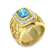 Cushion Cut Blue Topaz Ring with Pave Diamonds in 10K/14K gold and platinum with certified lab-grown or natural diamonds