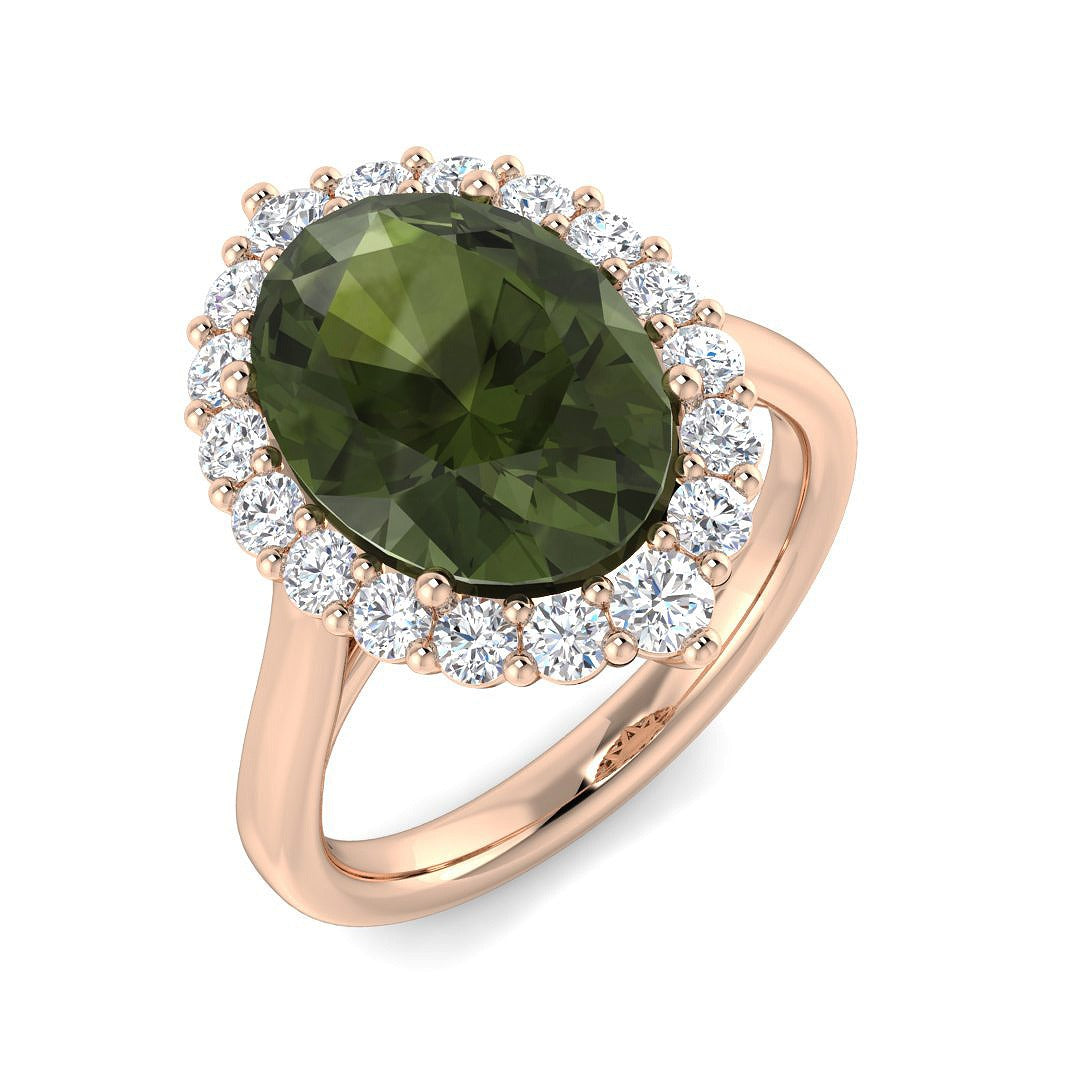 Oval Green Tourmaline Ring with Round Halo Diamonds in 10K/14K gold and platinum with certified lab-grown or natural diamonds