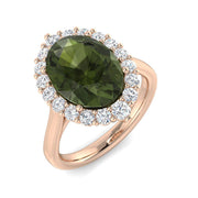Oval Green Tourmaline Ring with Round Halo Diamonds in 10K/14K gold and platinum with certified lab-grown or natural diamonds