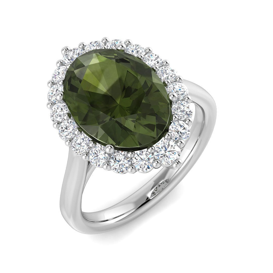 Oval Green Tourmaline Ring with Round Halo Diamonds in 10K/14K gold and platinum with certified lab-grown or natural diamonds