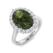 Oval Green Tourmaline Ring with Round Halo Diamonds in 10K/14K gold and platinum with certified lab-grown or natural diamonds