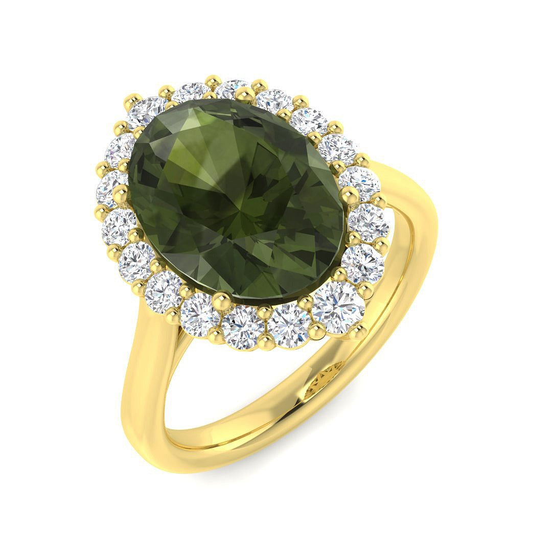 Oval Green Tourmaline Ring with Round Halo Diamonds in 10K/14K gold and platinum with certified lab-grown or natural diamonds