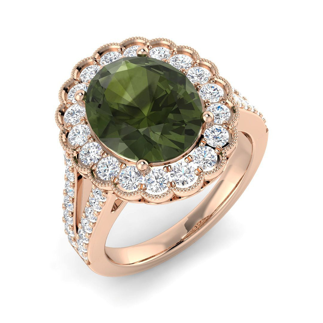 Lab-Grown Oval Green Tourmaline Halo Ring in 10K/14K gold and platinum with certified lab-grown or natural diamonds