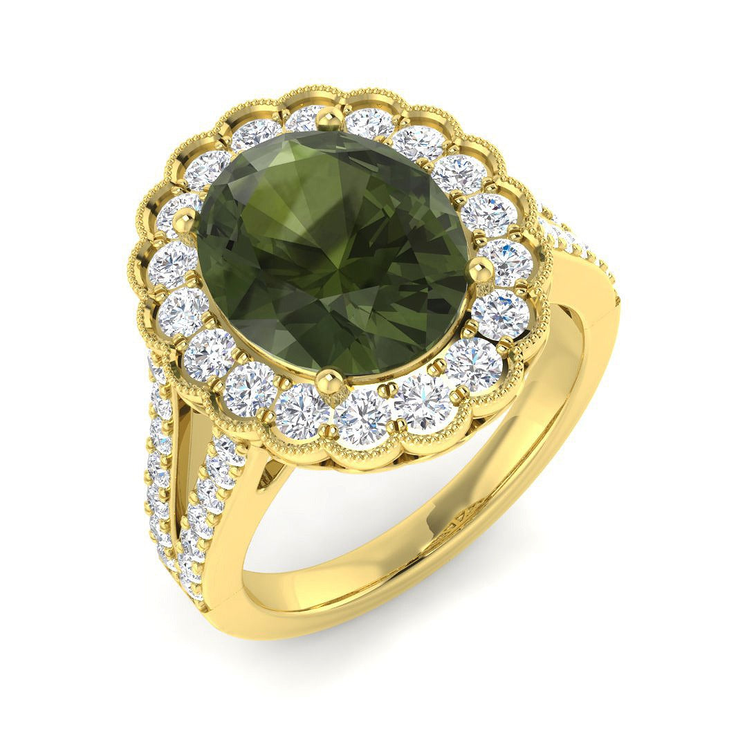 Lab-Grown Oval Green Tourmaline Halo Ring in 10K/14K gold and platinum with certified lab-grown or natural diamonds