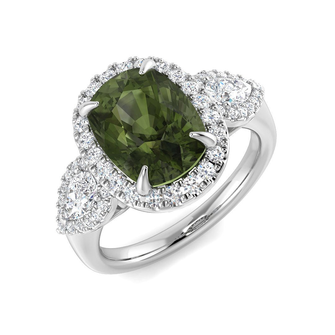 Green Tourmaline Ring with Diamond Halo in 10K/14K gold and platinum with certified lab-grown or natural diamonds